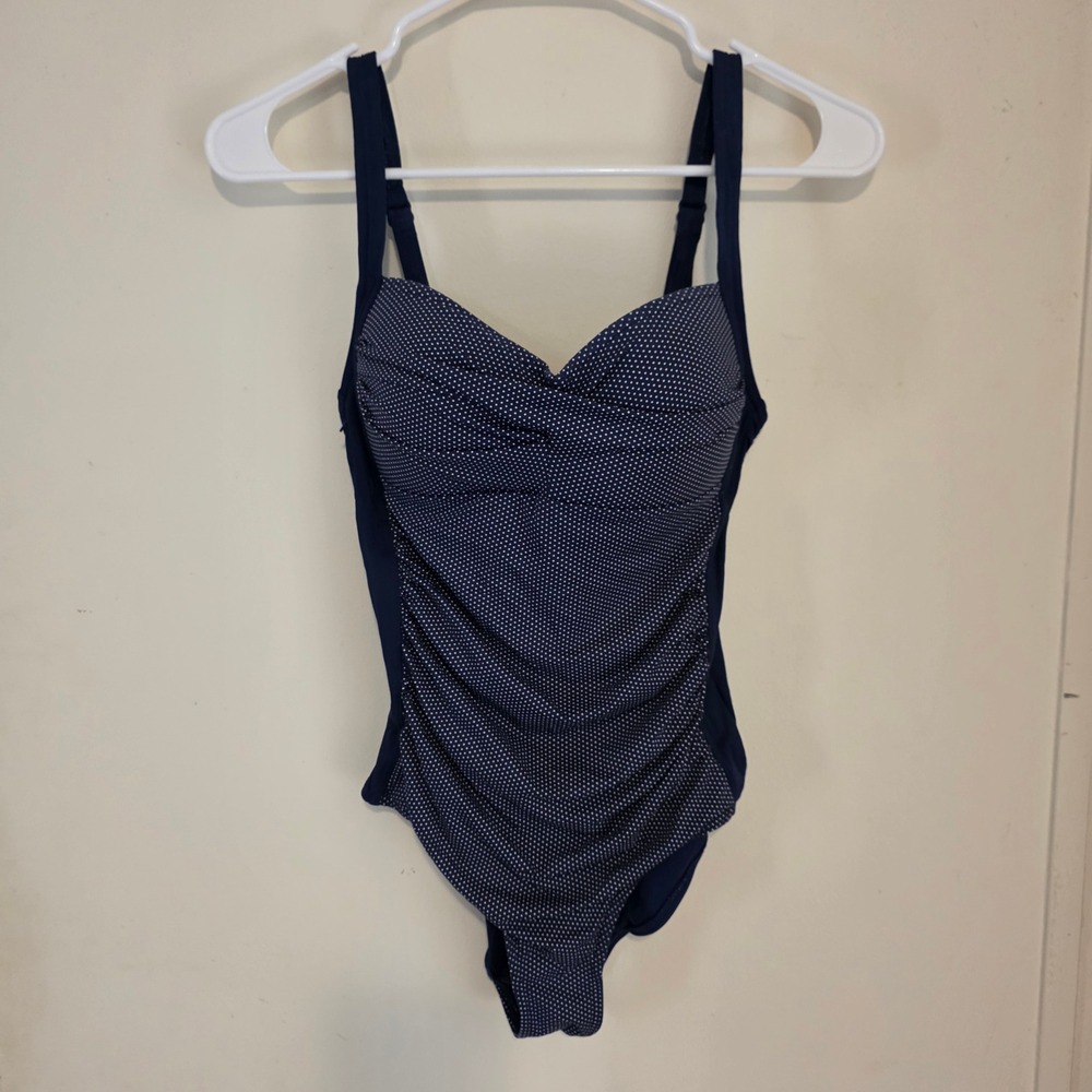 Niptuck Swim Womens One Piece Swimsuit Size 6 Navy Polka Dot Ruched Slimming